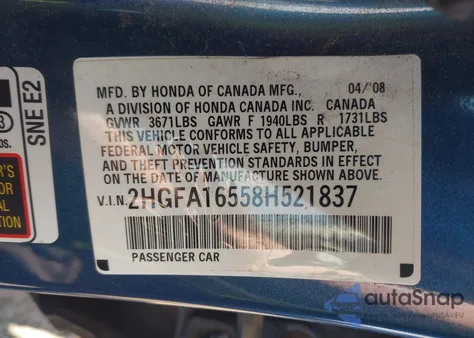 2008 Honda Civic Lx z USA, uszkodzony, nr VIN 2HGFA16558H521837
